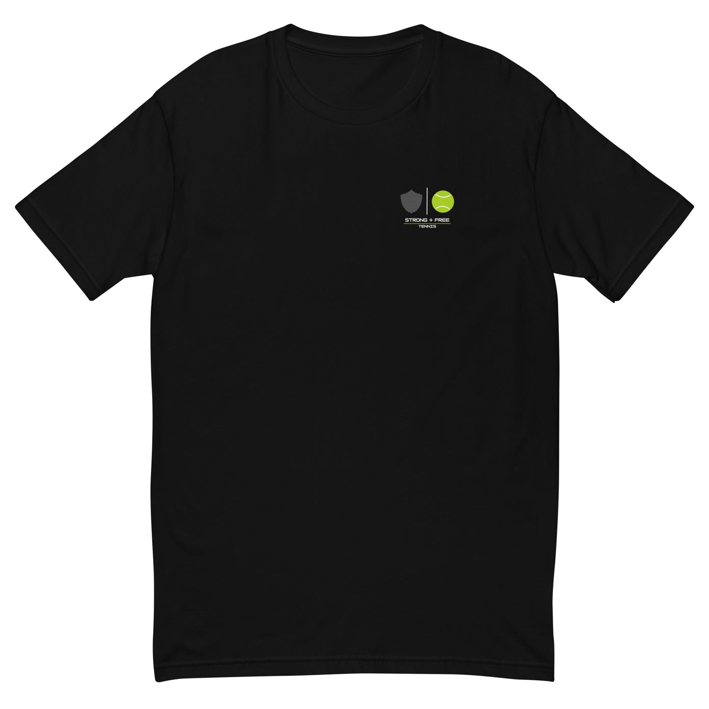 Tennis tee, black. S+F custom tennis logo design, ball art.