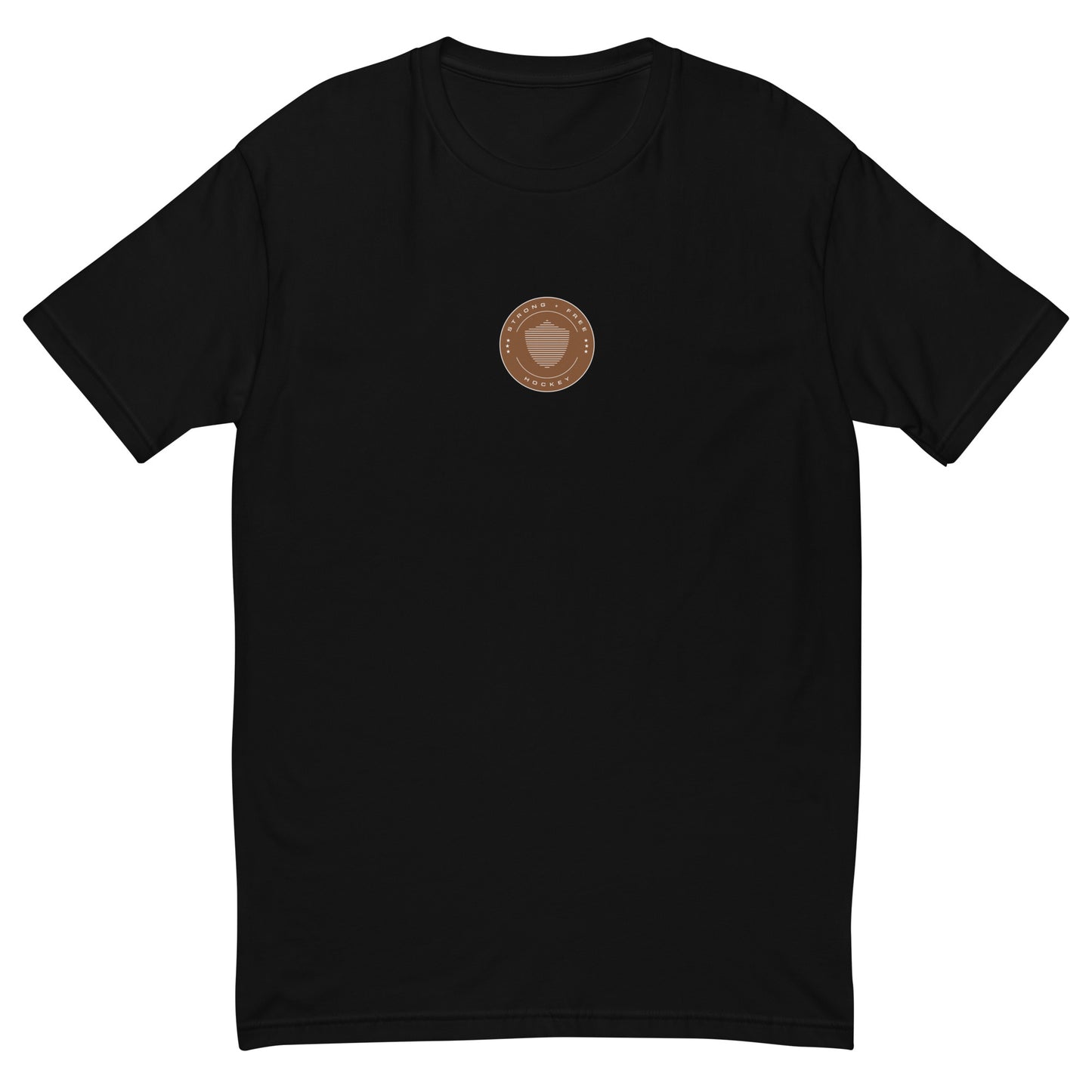 Men's hockey tee, various colors. S+F signature shield logo design, reverse brown crest.