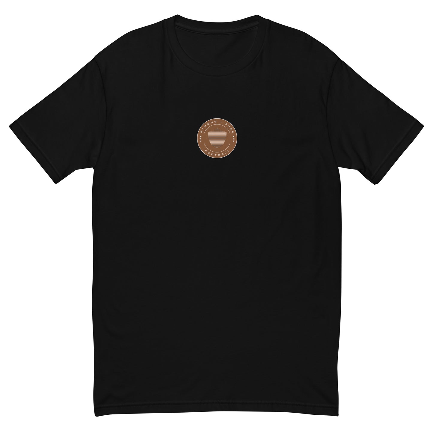 Men's football tee, various colors. S+F signature shield logo design, reverse brown crest.