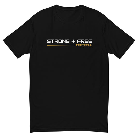 Men's football tee, black. S+F signature wordmark logo design I.