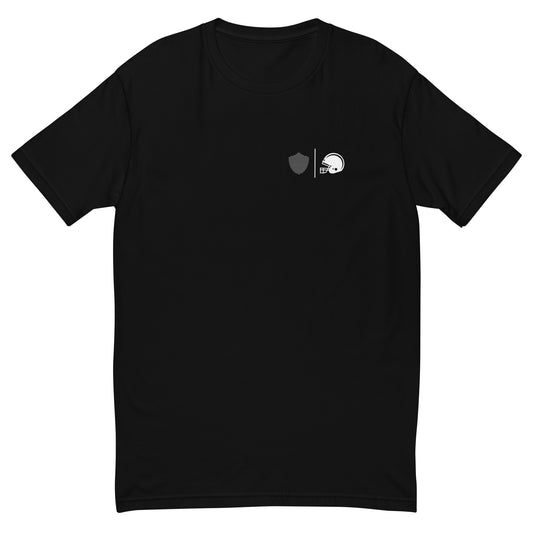 Men's football tee, black. S+F custom logo design, football silhouette I.