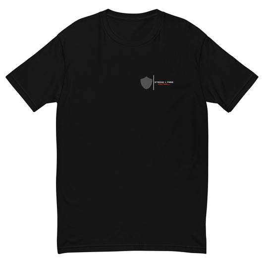 Men's football tee, black. S+F signature shield logo design II.
