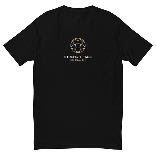 Soccer tee, black. S+F signature soccer logo design.