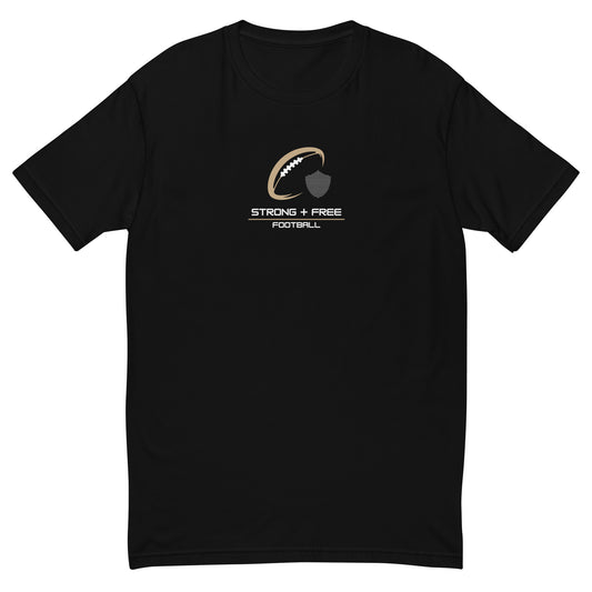 Men's football tee, black. S+F signature football logo design II.