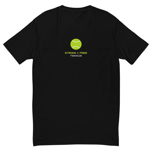Tennis tee, black. S+F custom tennis logo design, ball art I.