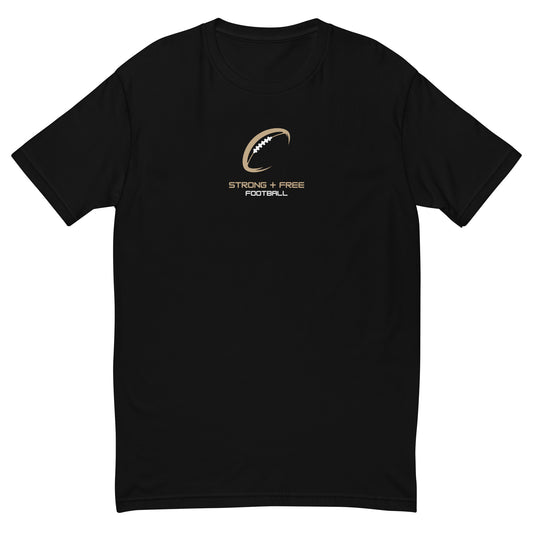 Football tee, black. S+F signature football logo design.