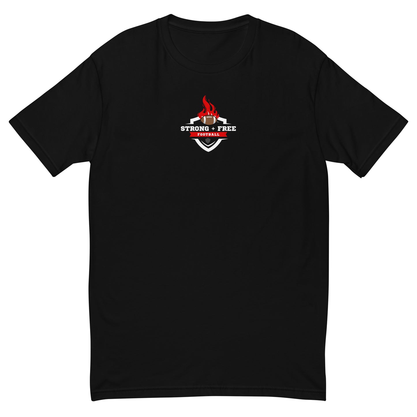 Men's football tee, black. S+F custom logo design, shield inferno crest.