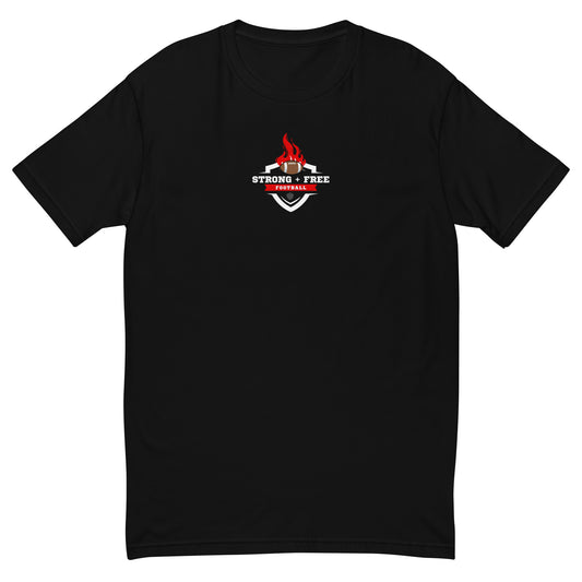 Men's football tee, black. S+F custom logo design, shield inferno crest.