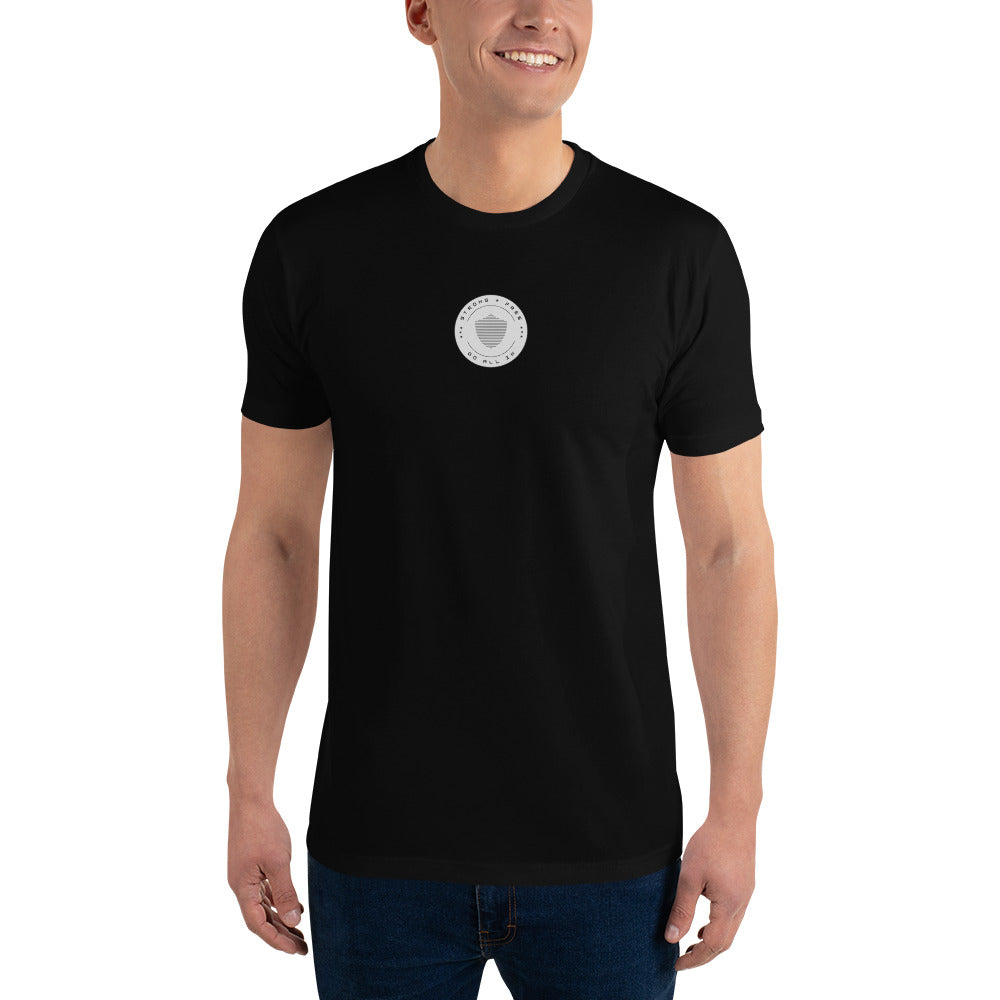 Men's short sleeve tee, various colors. S+F signature shield logo design, reverse grey crest.