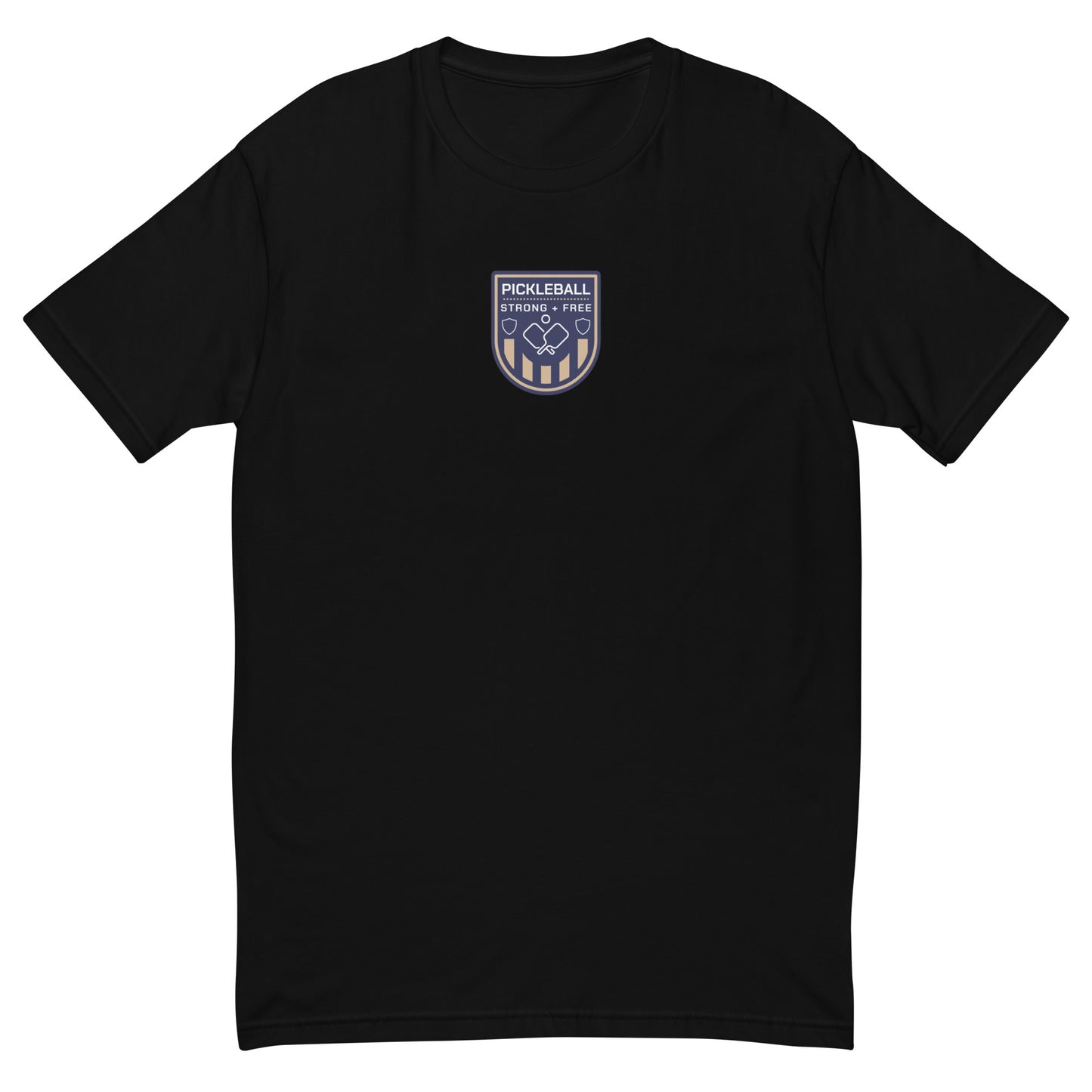 Men's tee, various colors. S+F custom pickleball logo design, blue crest.