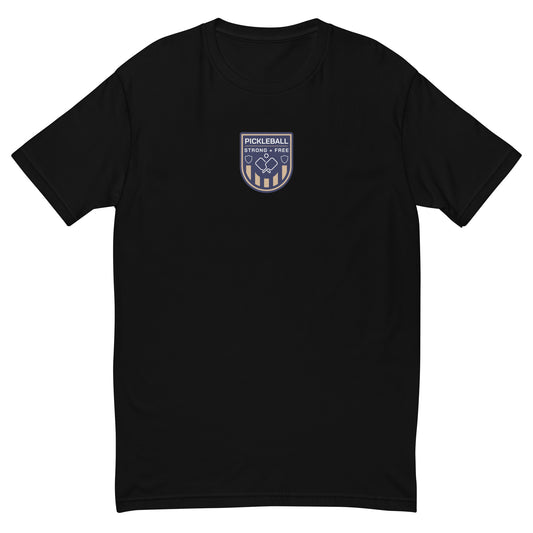 Men's tee, various colors. S+F custom pickleball logo design, blue crest.