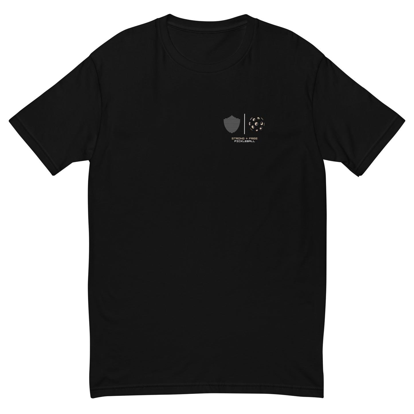 Men's tee, black. S+F custom pickleball logo design, pickleball I.
