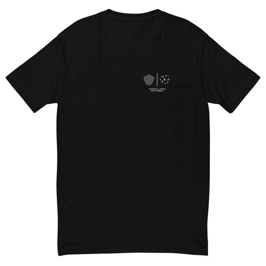 Men's tee, black. S+F custom pickleball logo design, pickleball I.
