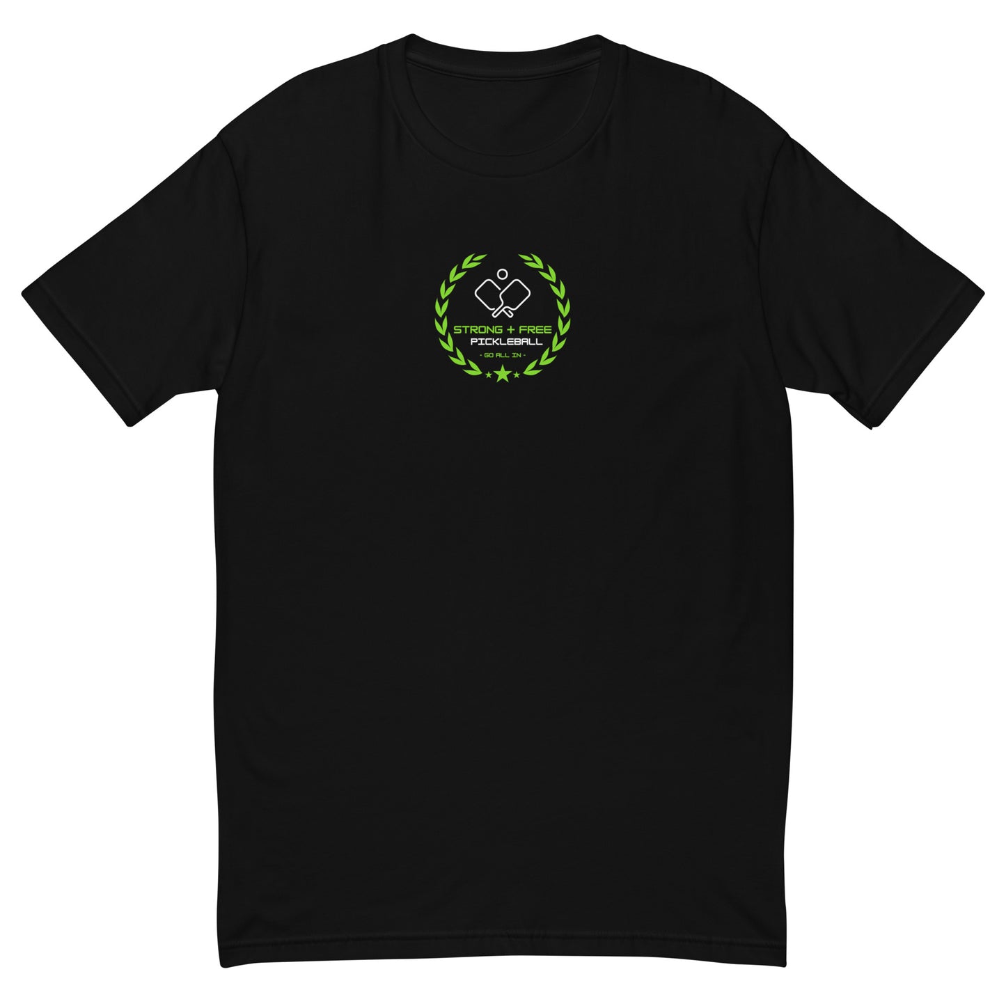 Men's tee, black. S+F custom pickleball logo design, green crest.