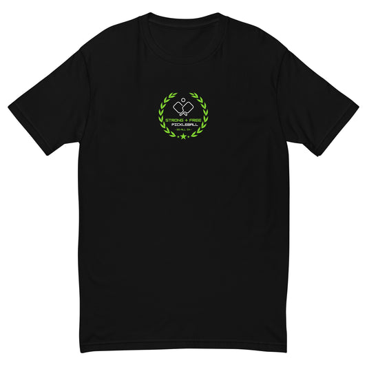 Men's tee, black. S+F custom pickleball logo design, green crest.