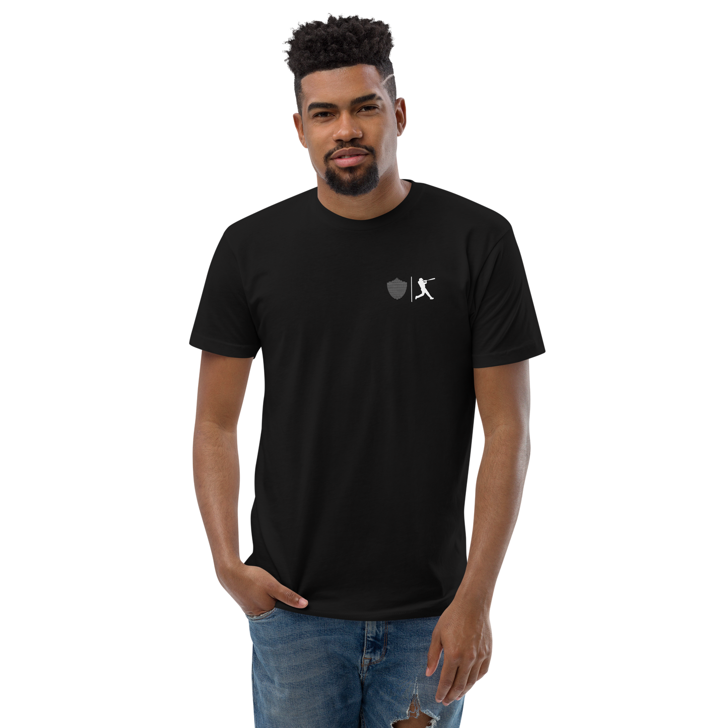 Men's baseball tee, black. S+F custom logo design, baseball silhouette I.