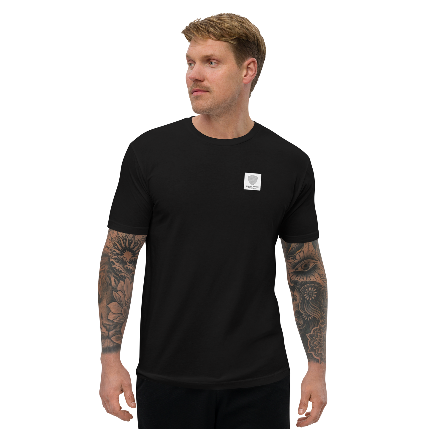 Men's basketball tee, black. S+F signature shield logo design, reverse white icon.