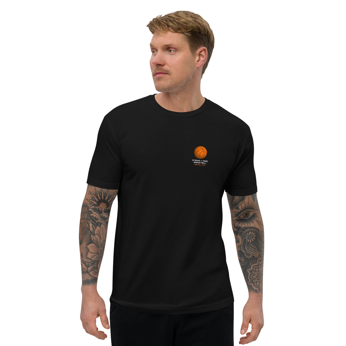 Men's basketball tee, black. S+F custom logo design, digital bball III.