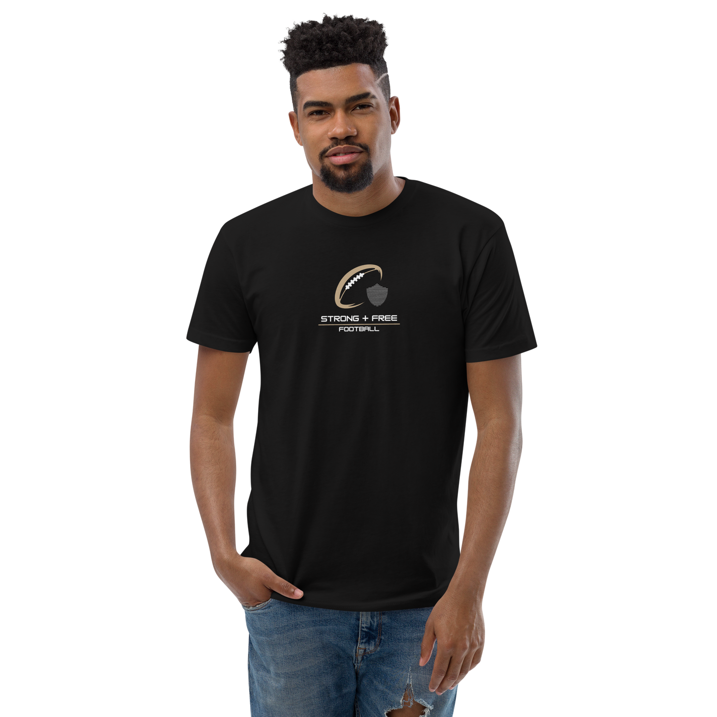 Men's football tee, black. S+F signature football logo design II.