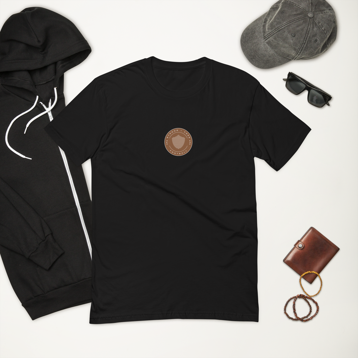 Men's football tee, various colors. S+F signature shield logo design, reverse brown crest.