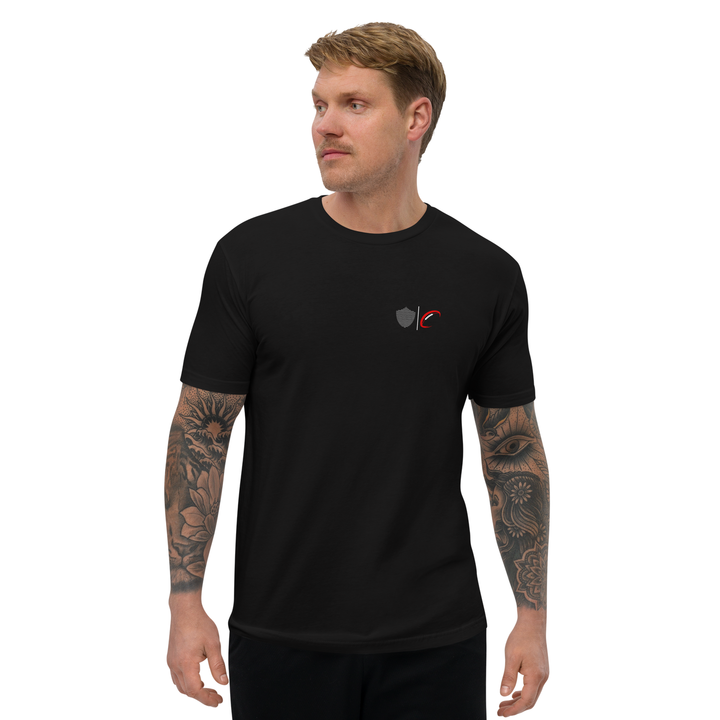 Men's football tee, black. S+F signature football logo design III.