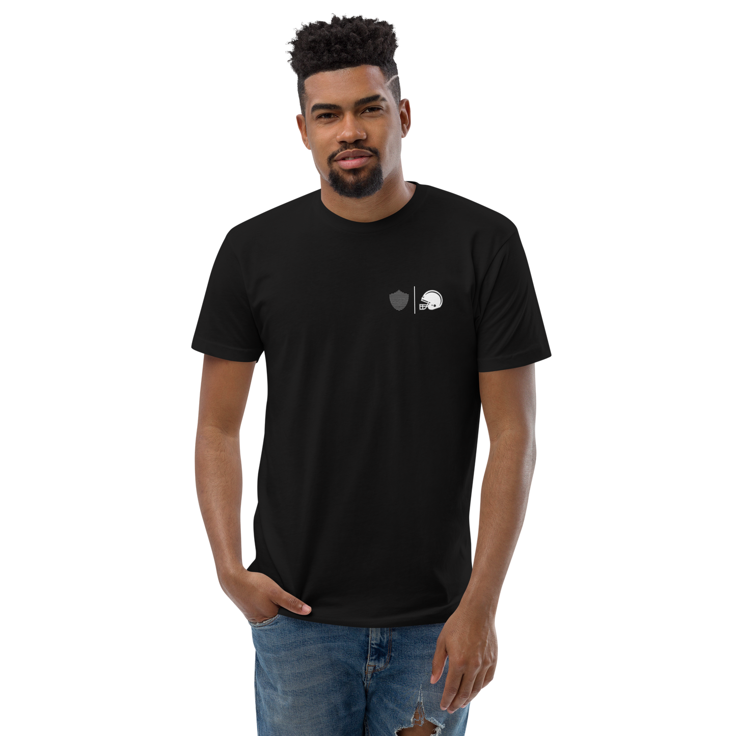 Men's football tee, black. S+F custom logo design, football silhouette I.