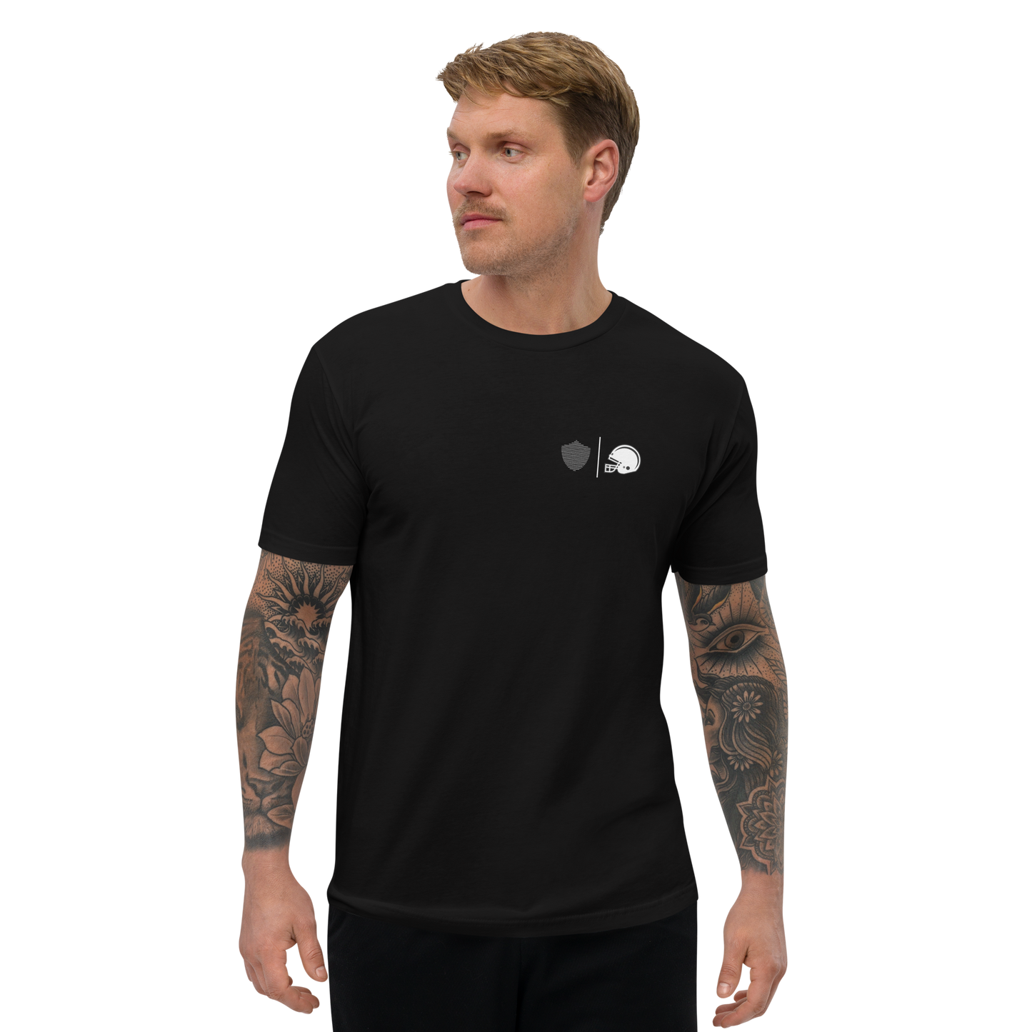 Men's football tee, black. S+F custom logo design, football silhouette I.