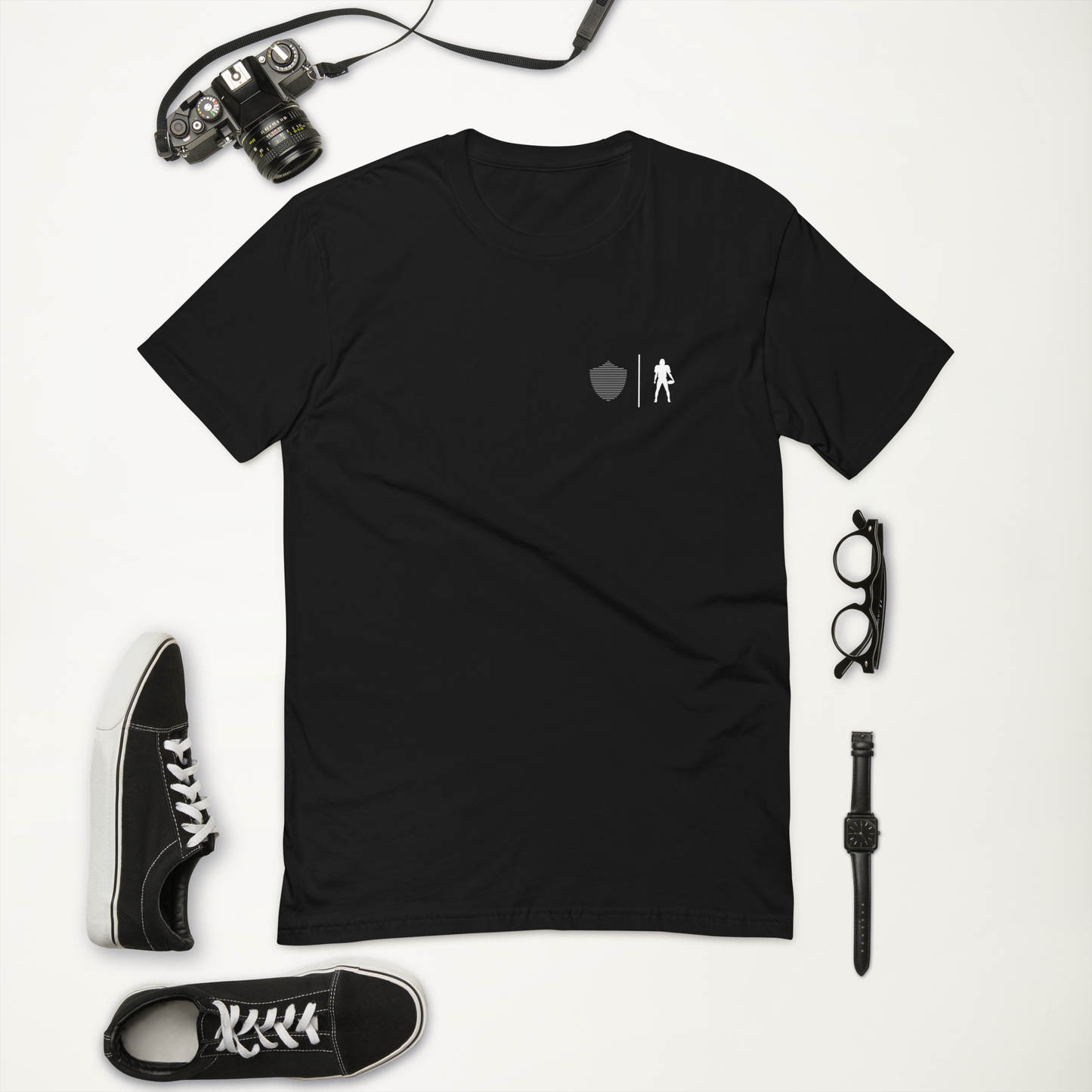 Men's football tee, black. S+F custom logo design, football silhouette II.