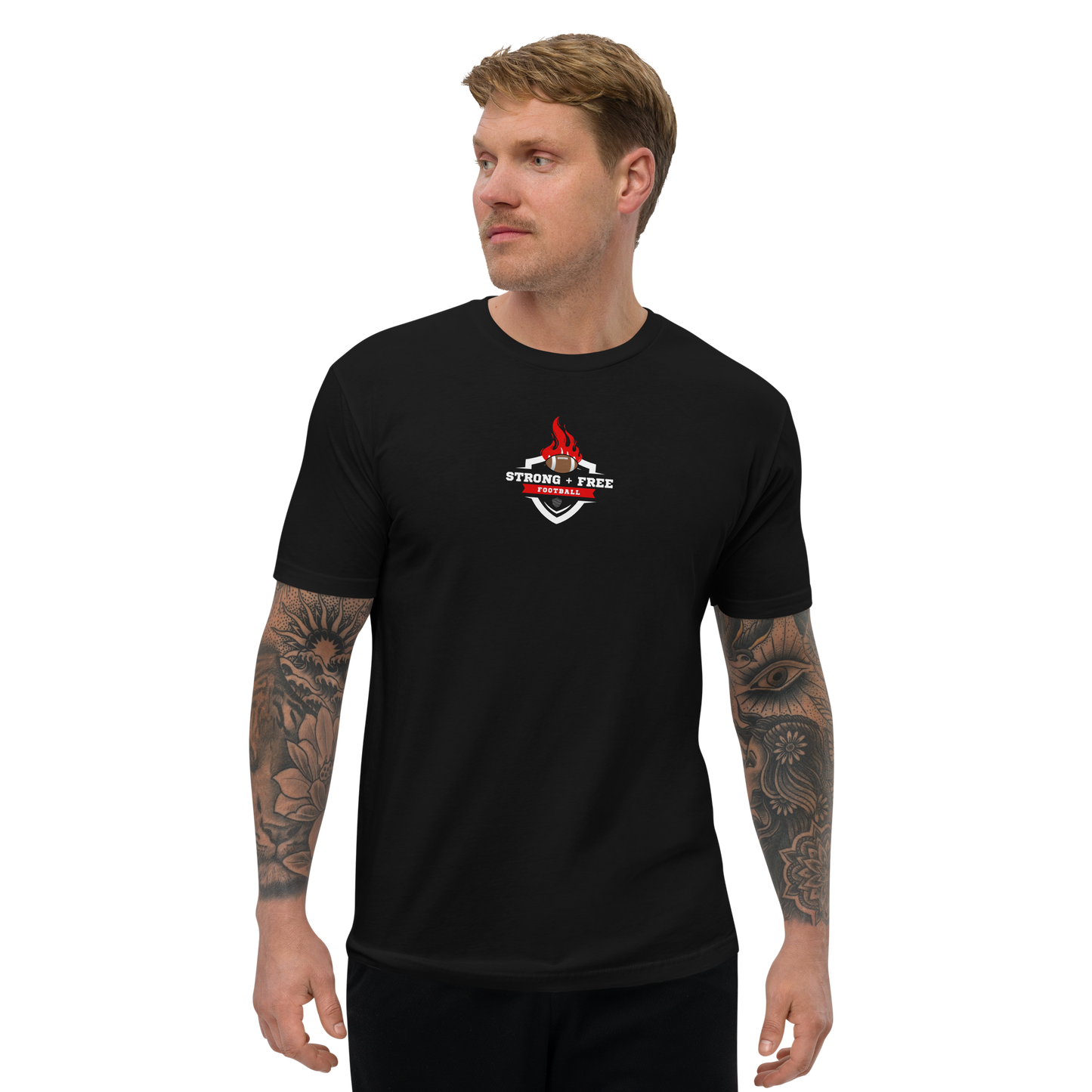 Men's football tee, black. S+F custom logo design, shield inferno crest.