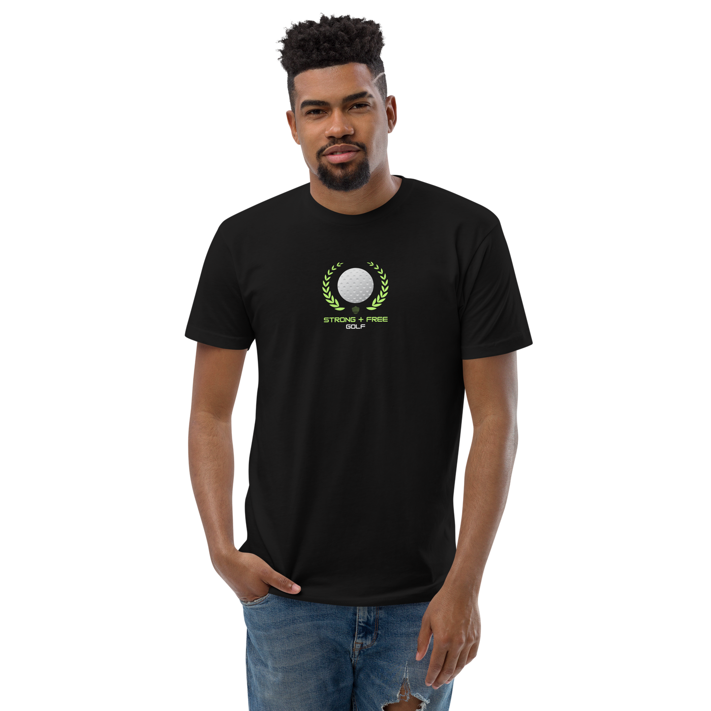 Men's golf tee, black. S+F custom logo design, golf crest I.