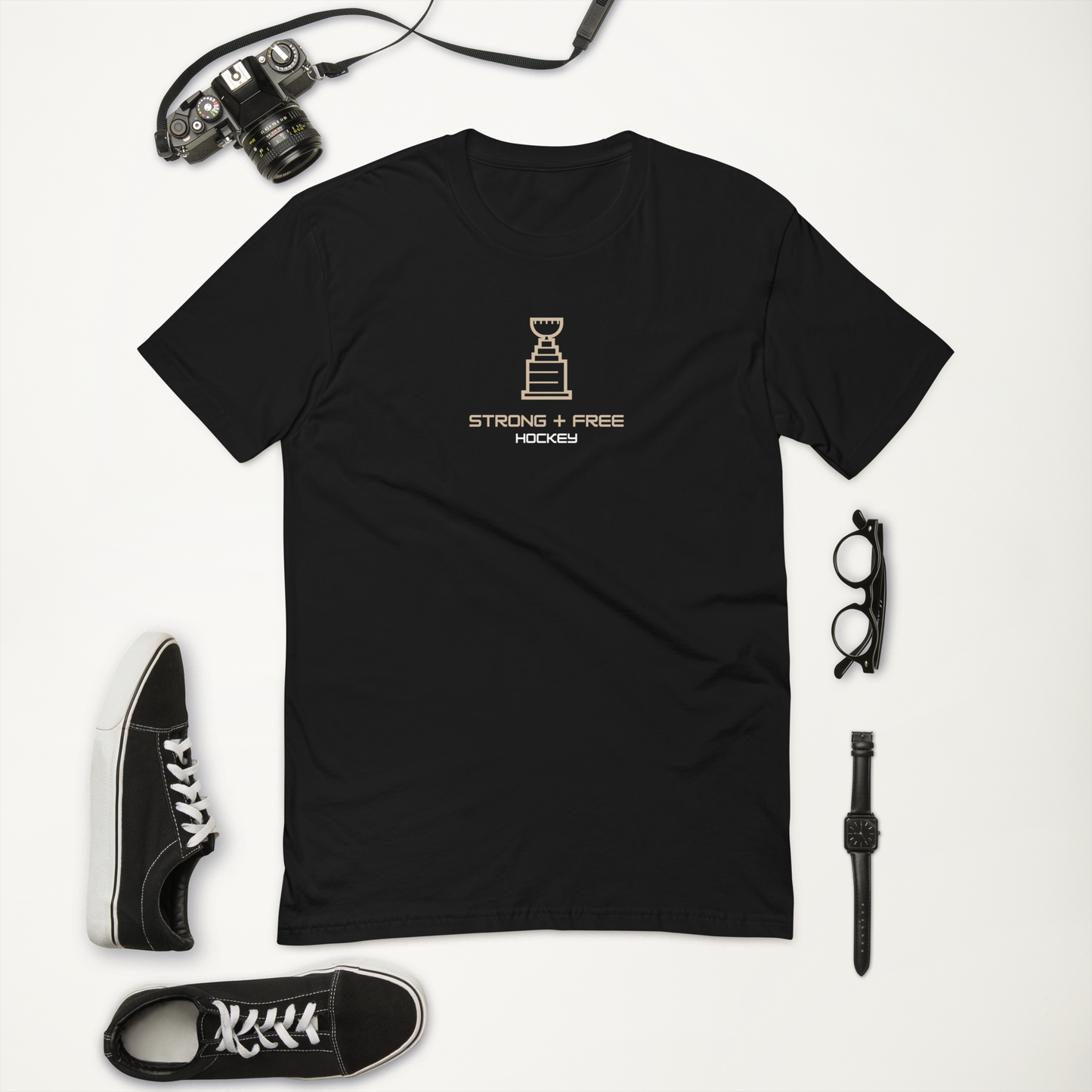 Men's hockey tee, black. S+F signature hockey logo design.