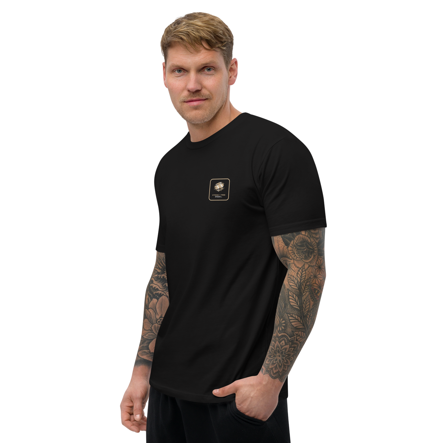 Men's baseball tee, black. S+F signature baseball logo design, reverse black icon.