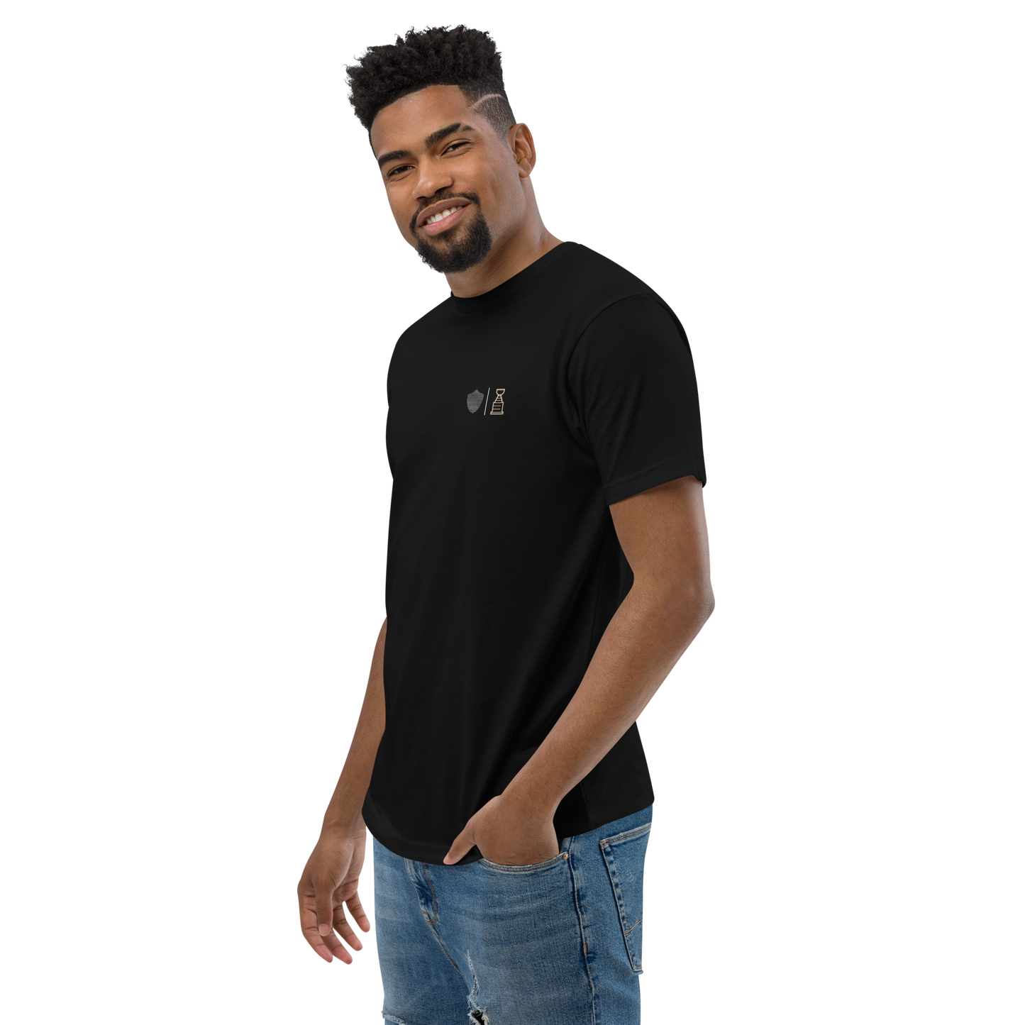 Men's hockey tee, black. S+F signature hockey logo design III.