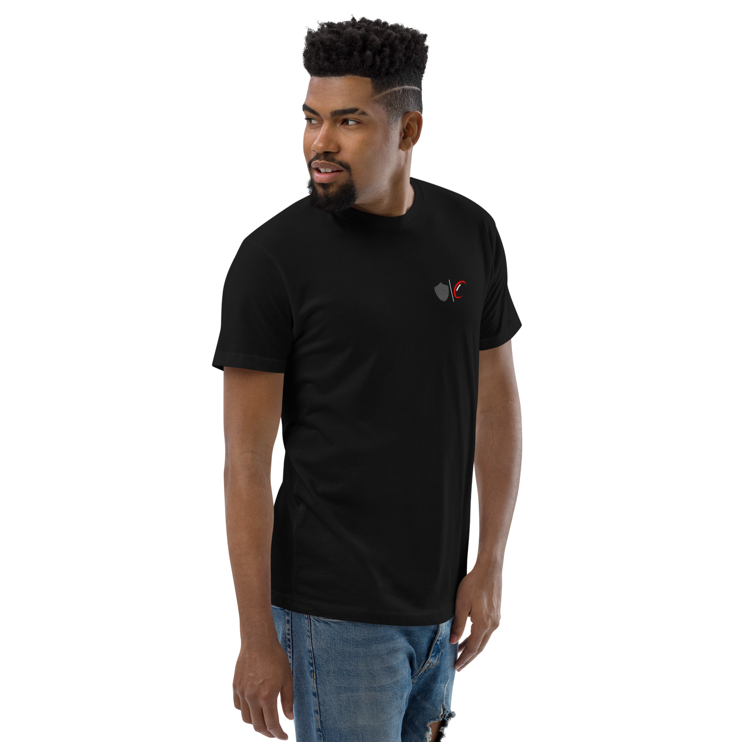 Men's football tee, black. S+F signature football logo design III.