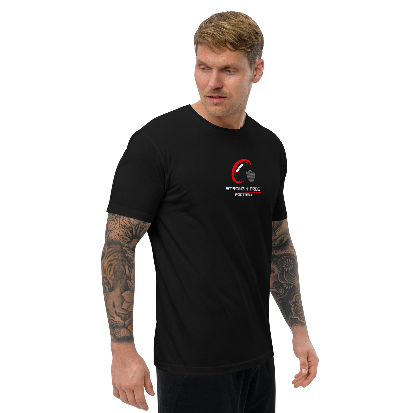 Men's football tee, black. S+F signature football logo design II.