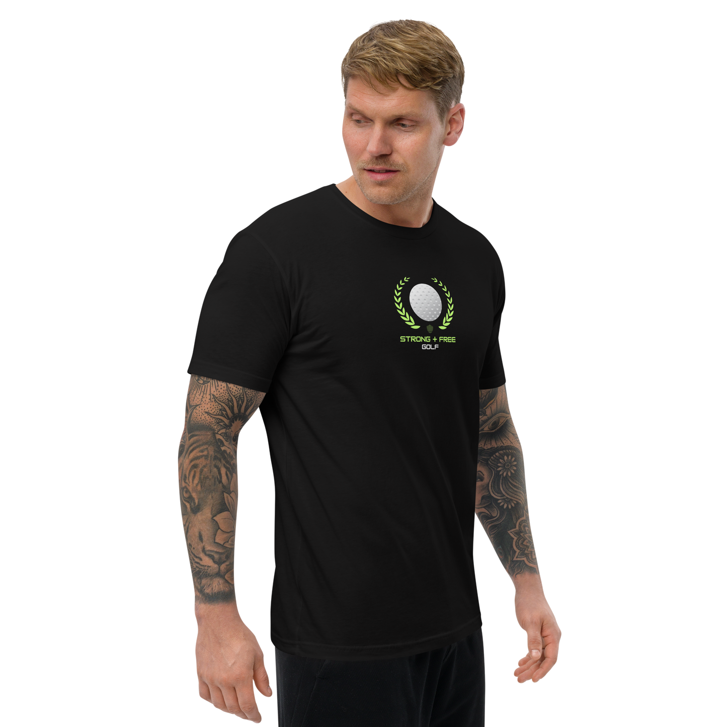 Men's golf tee, black. S+F custom logo design, golf crest I.