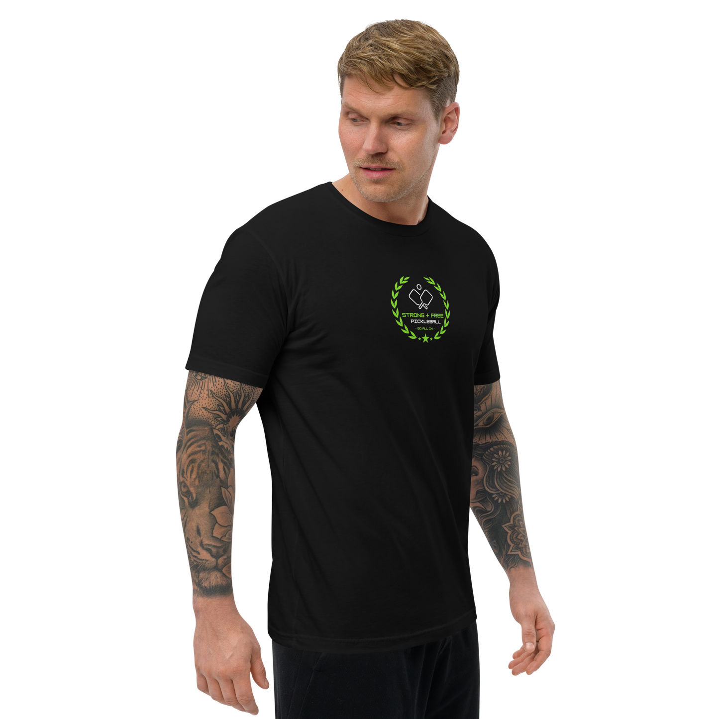 Men's tee, black. S+F custom pickleball logo design, green crest.