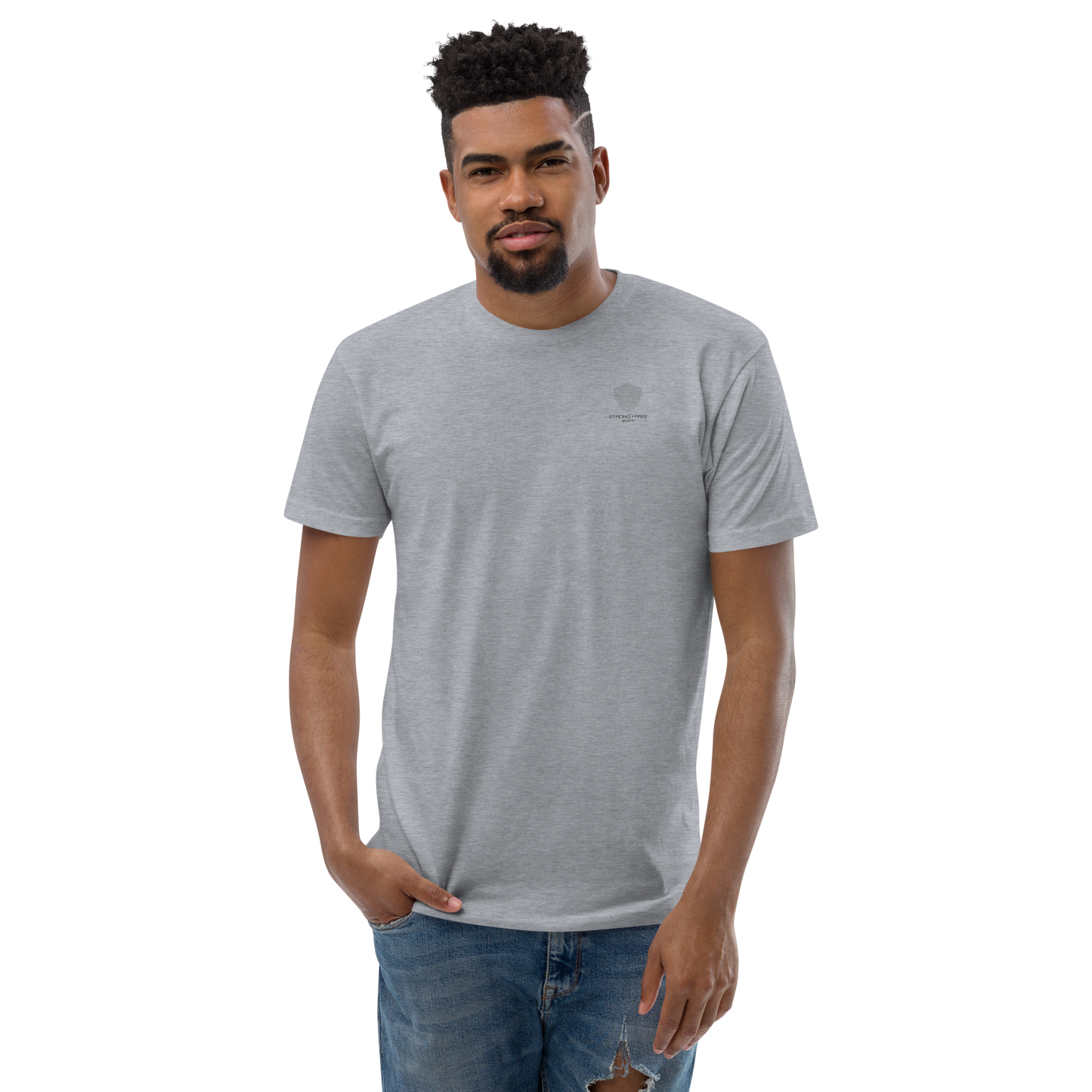 Men's Classic Fit T-Shirt, Red/Blue/Grey/White. S+F Shield Logo Design.