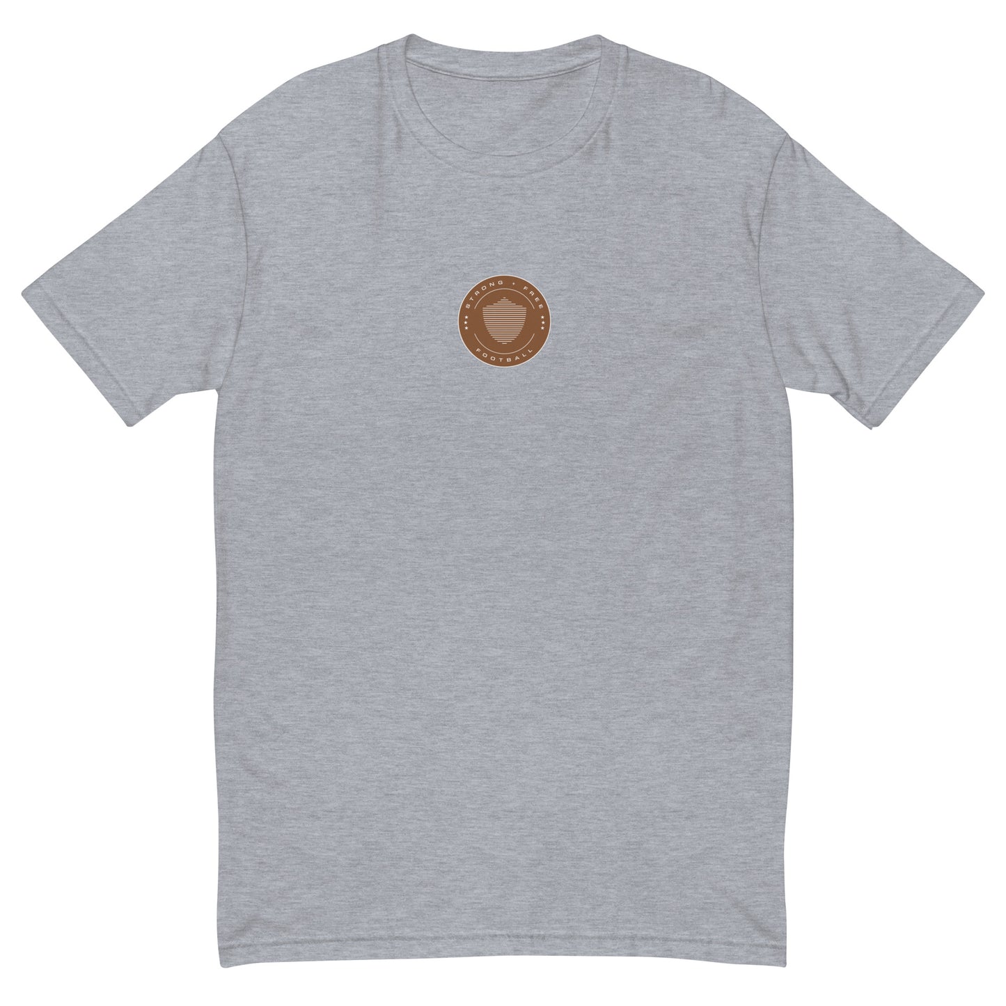 Men's football tee, various colors. S+F signature shield logo design, reverse brown crest.