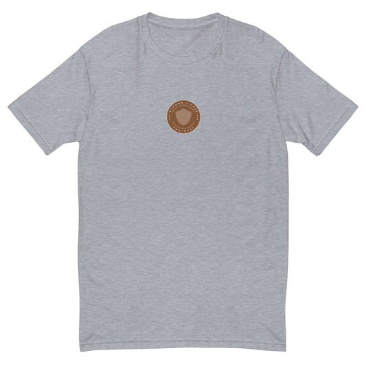 Men's football tee, various colors. S+F signature shield logo design, reverse brown crest.