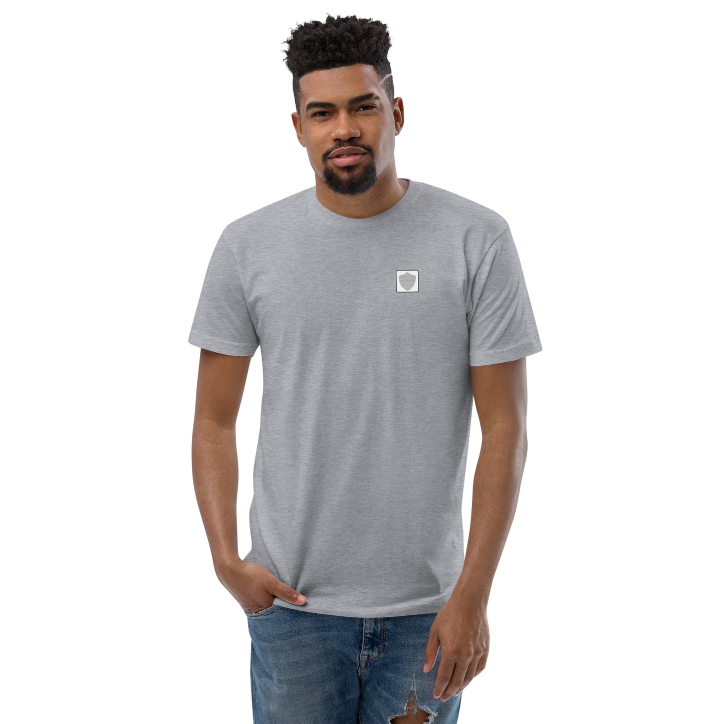 Men's short sleeve tee, various colors. S+F signature shield logo design, reverse white icon.