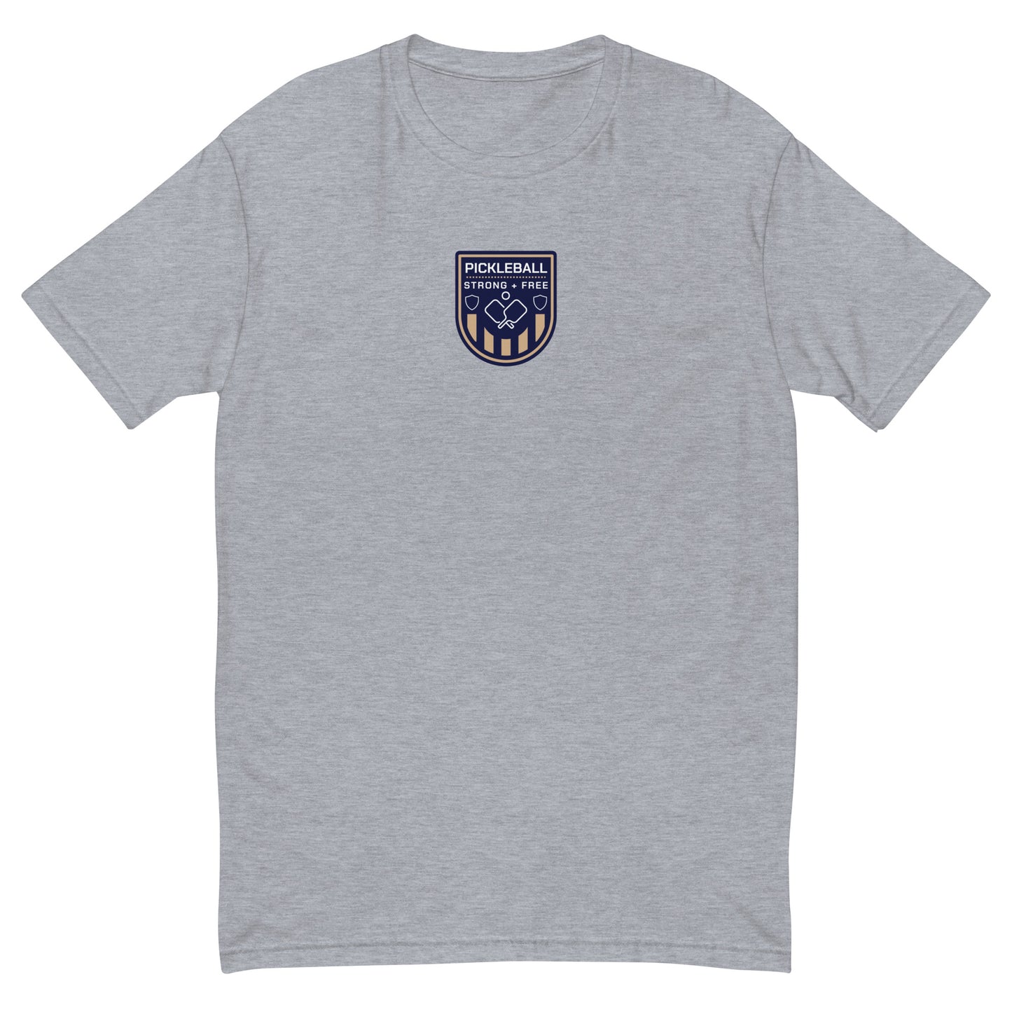 Men's tee, various colors. S+F custom pickleball logo design, blue crest.