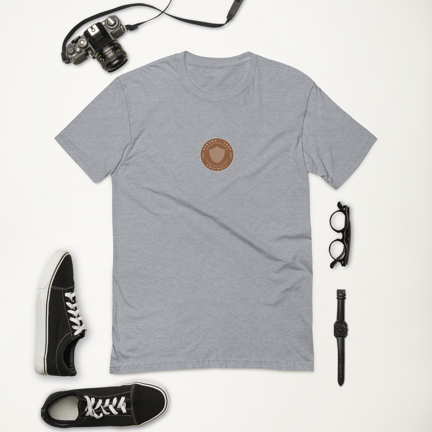 Men's football tee, various colors. S+F signature shield logo design, reverse brown crest.