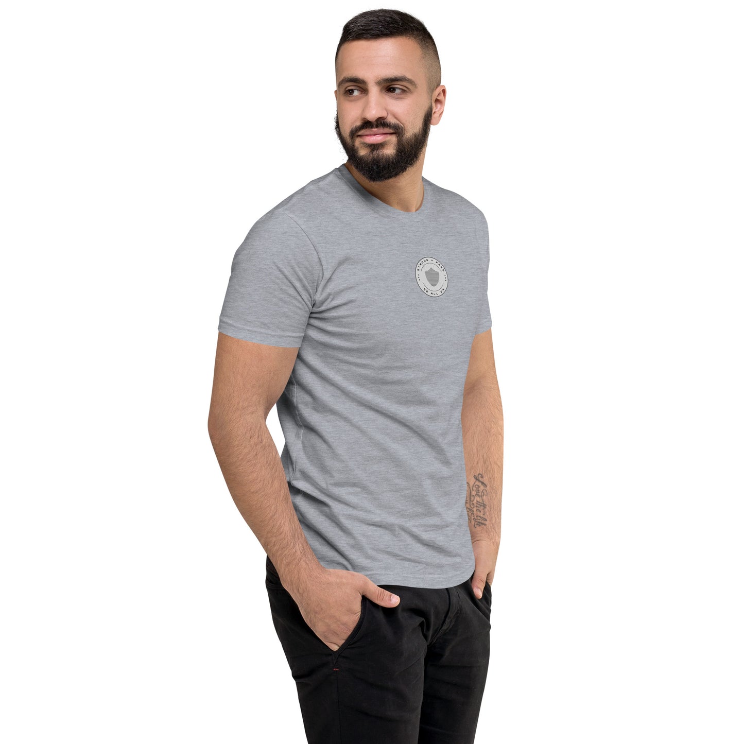 Men's short sleeve tee, various colors. S+F signature shield logo design, reverse grey crest.