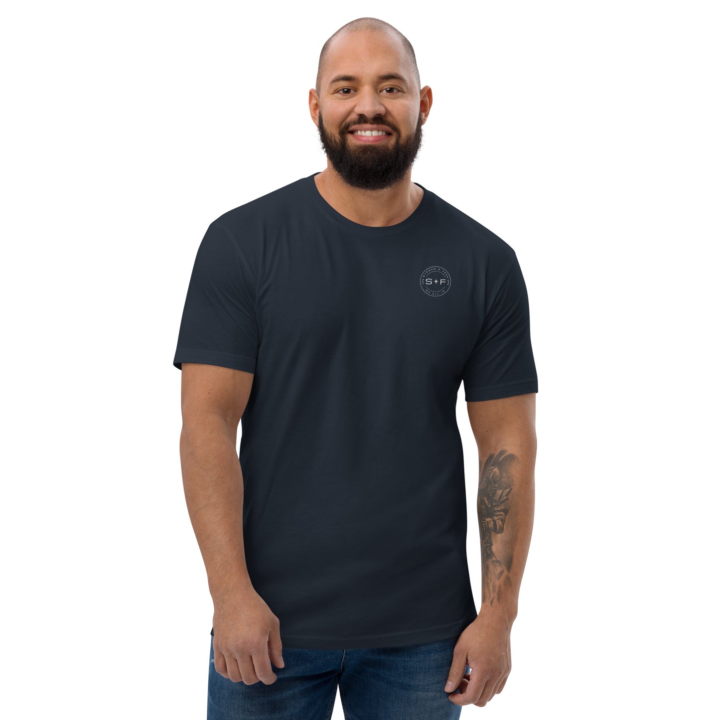 Men's Classic Fit T-Shirt, Black/Blue/Red/Grey. S+F White Circle Logo Design.