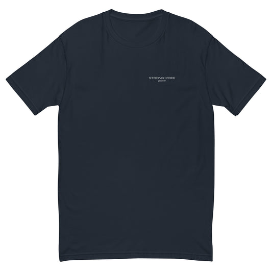 Men's Classic Fit T-Shirt, Black/Blue. S+F White Font Logo Design.