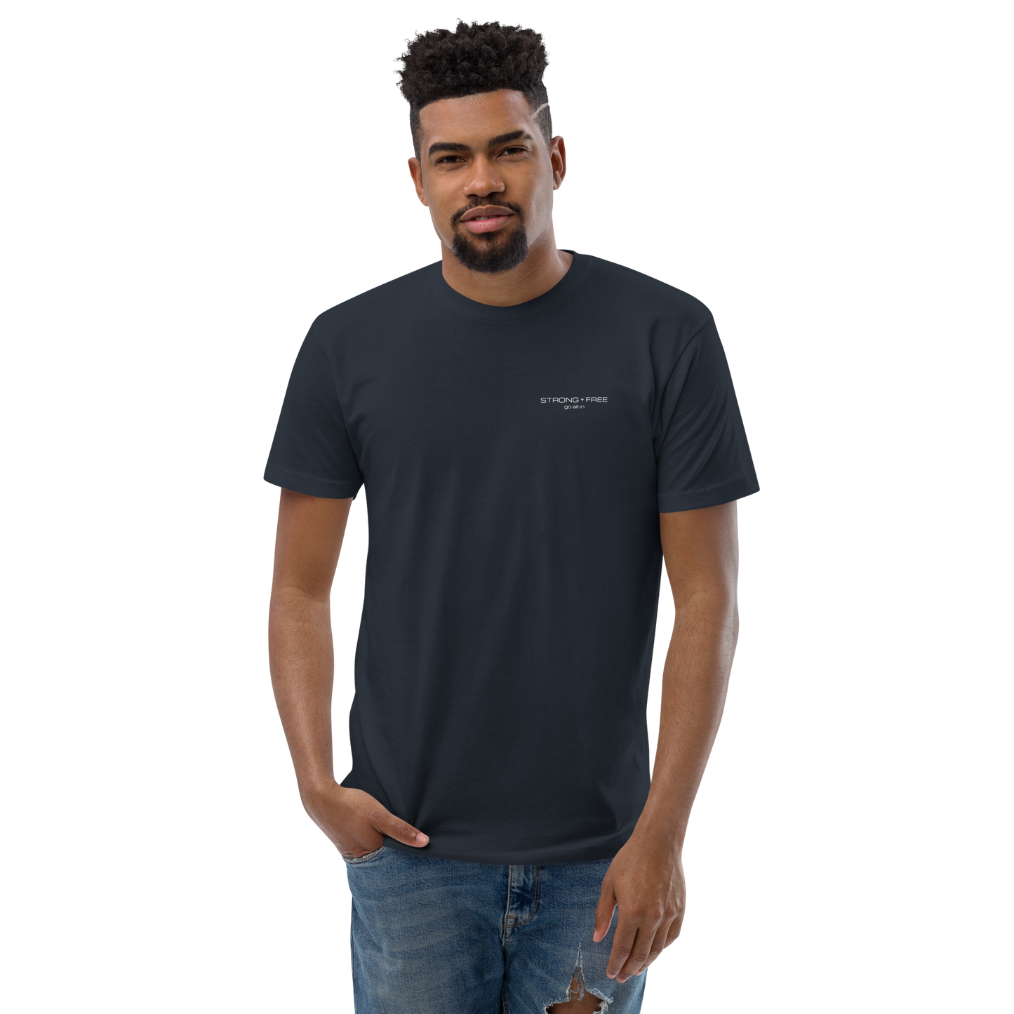 Men's Classic Fit T-Shirt, Black/Blue. S+F White Font Logo Design.
