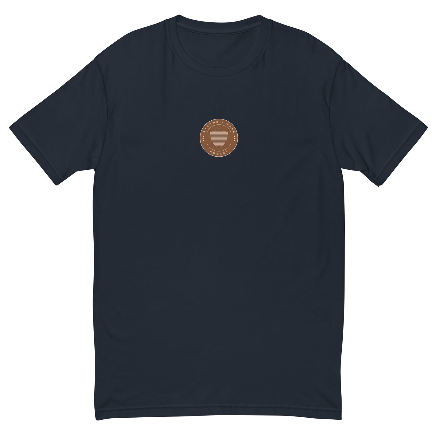 Men's hockey tee, various colors. S+F signature shield logo design, reverse brown crest.