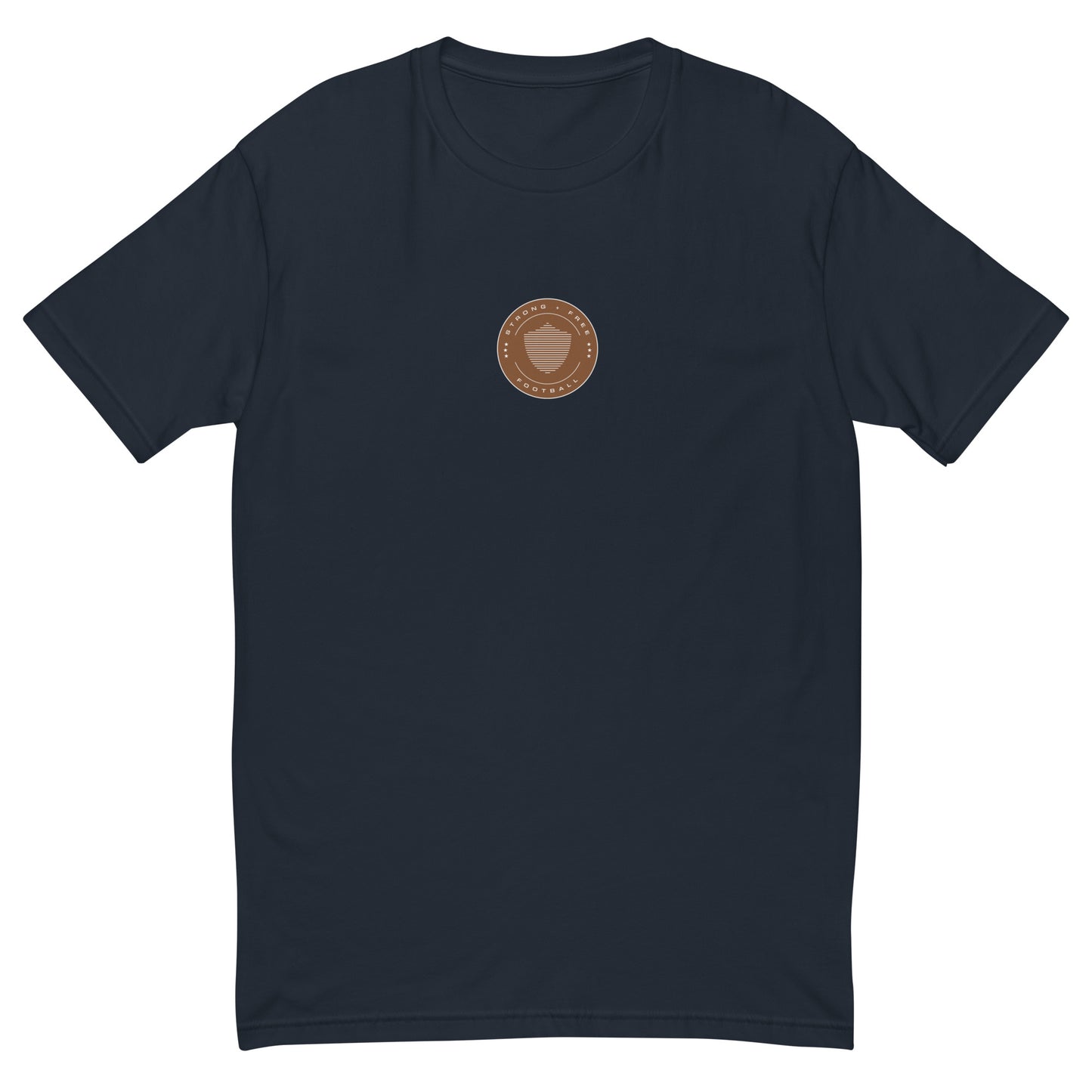 Men's football tee, various colors. S+F signature shield logo design, reverse brown crest.