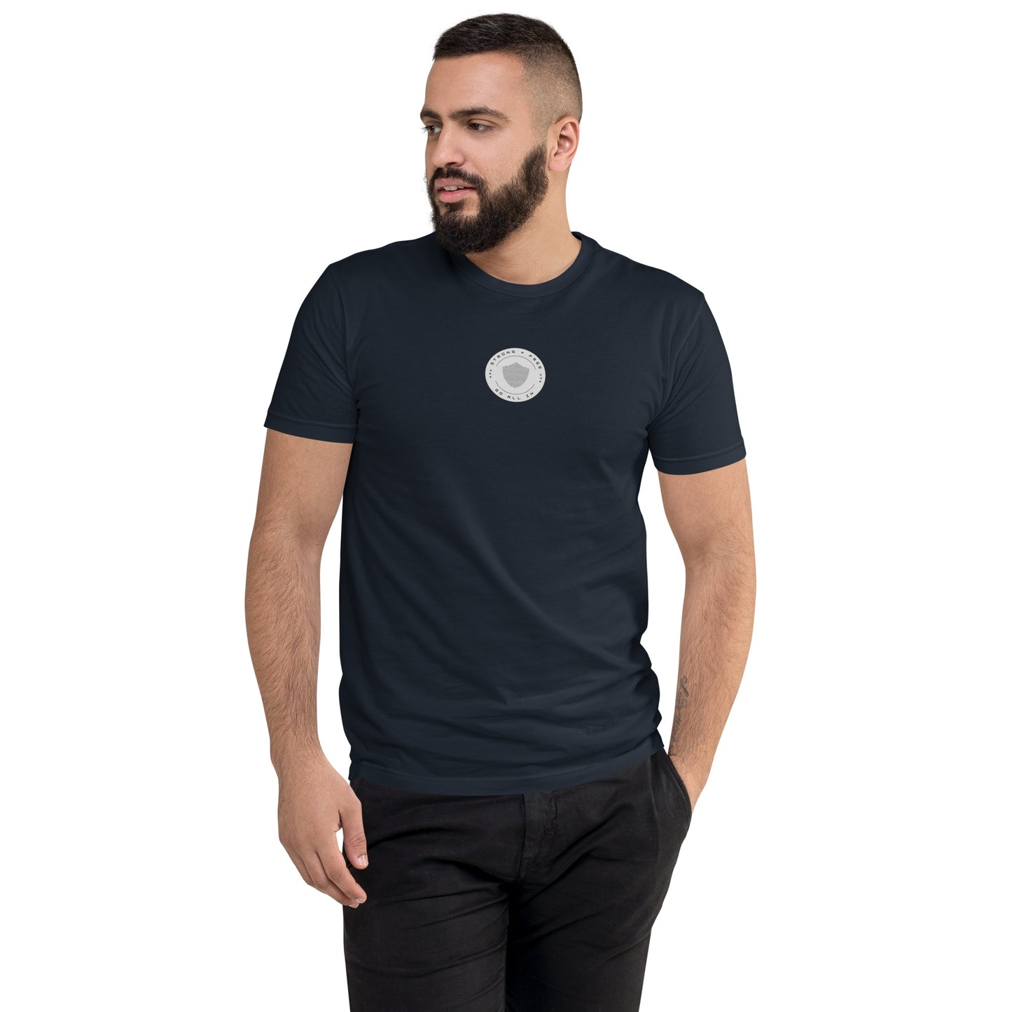 Men's short sleeve tee, various colors. S+F signature shield logo design, reverse grey crest.